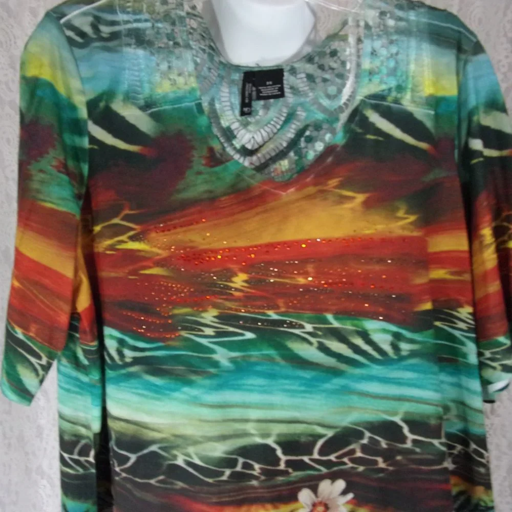 New Direction Tropical Print Green Pink Knit Top  NWOT  Plus 2X